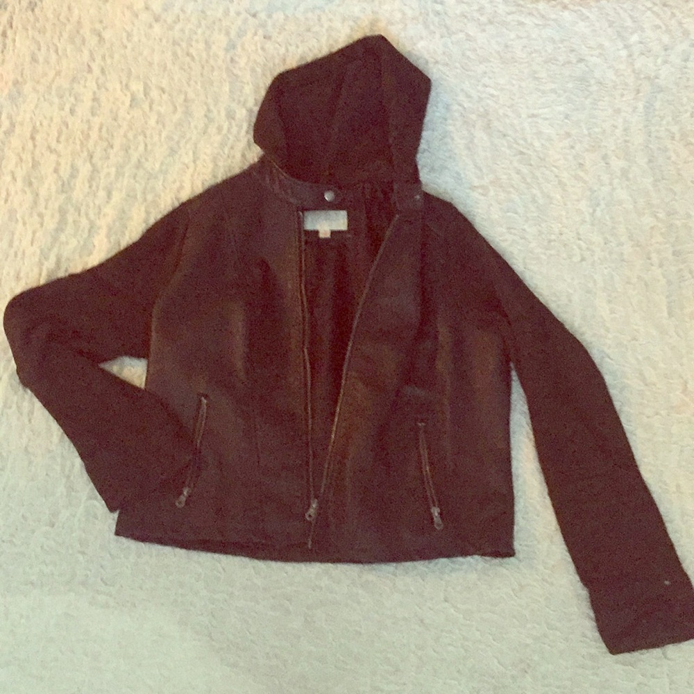 Leather jacket with hood